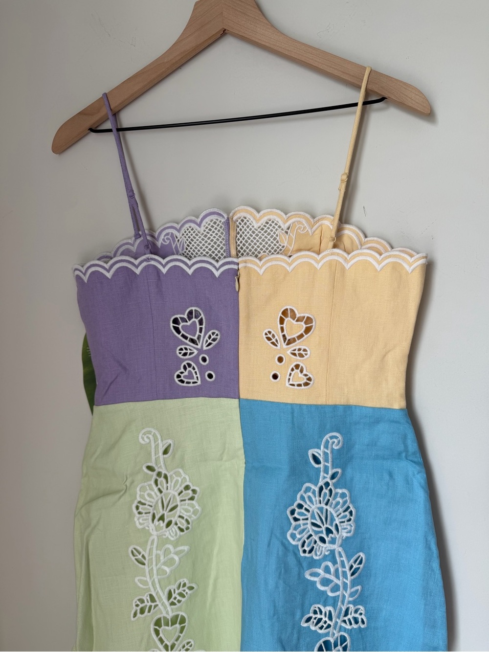 FARM Rio eyelet embroidered Colorblock blue green purple peach linen Midi Dress - Picture 9 of 14